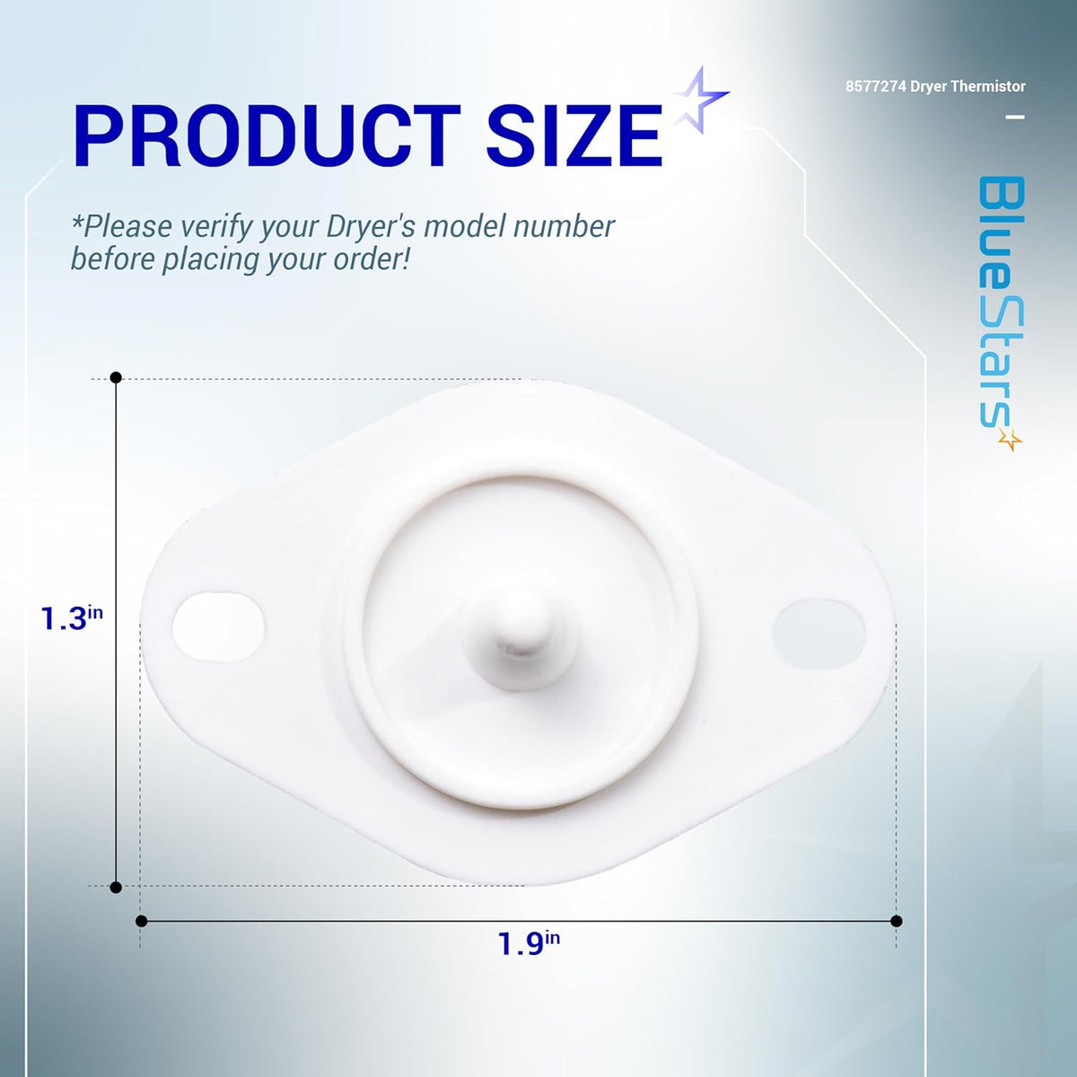 Dimensional diagram of 8577274 dryer thermistor showing 1.3-inch by 1.9-inch size specifications.