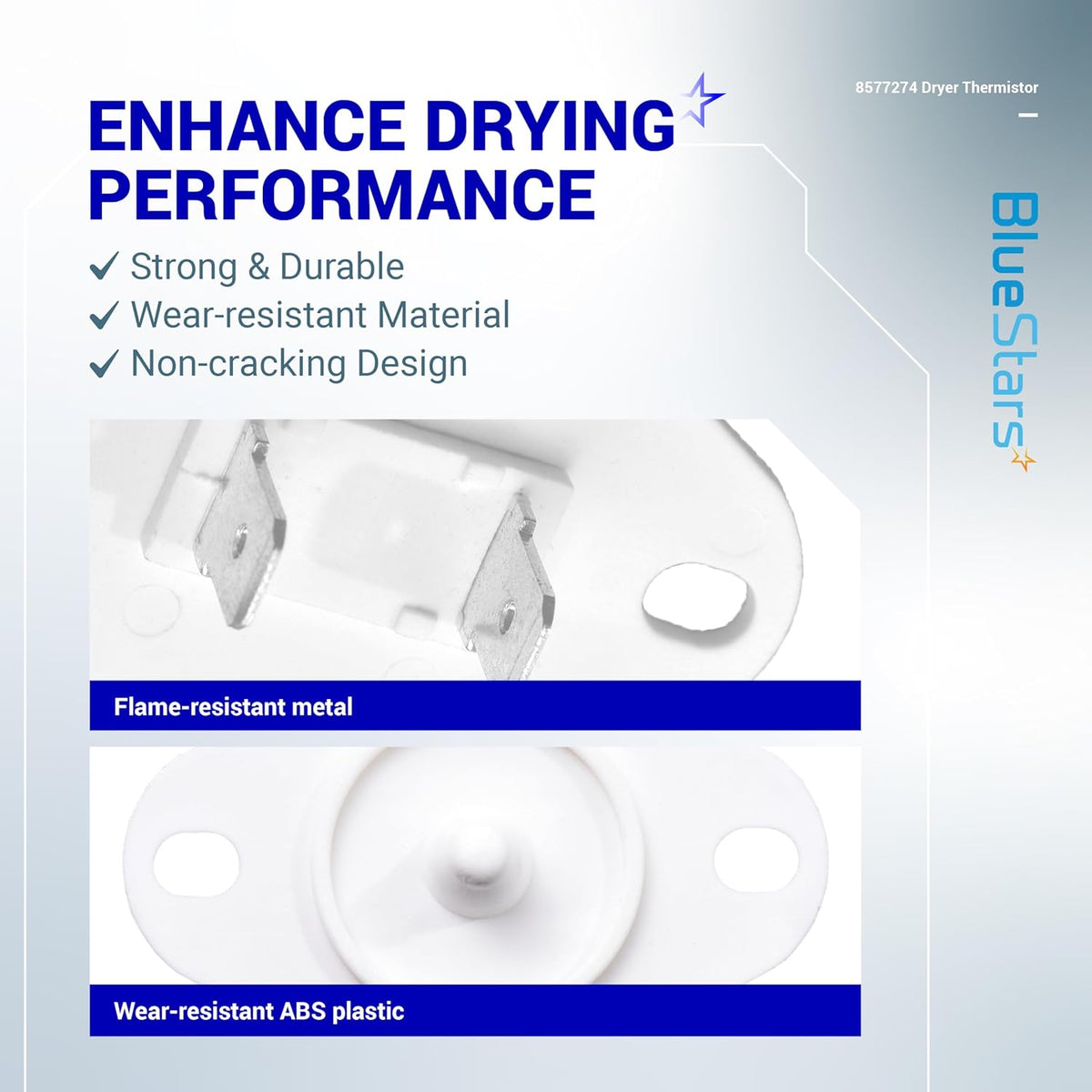 Infographic showing close-up details of 8577274 dryer thermistor metal terminals and wear-resistant plastic housing.