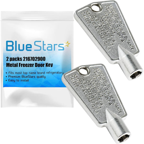 Two metal 216702900 freezer door keys with warning labels and BlueStars packaging.