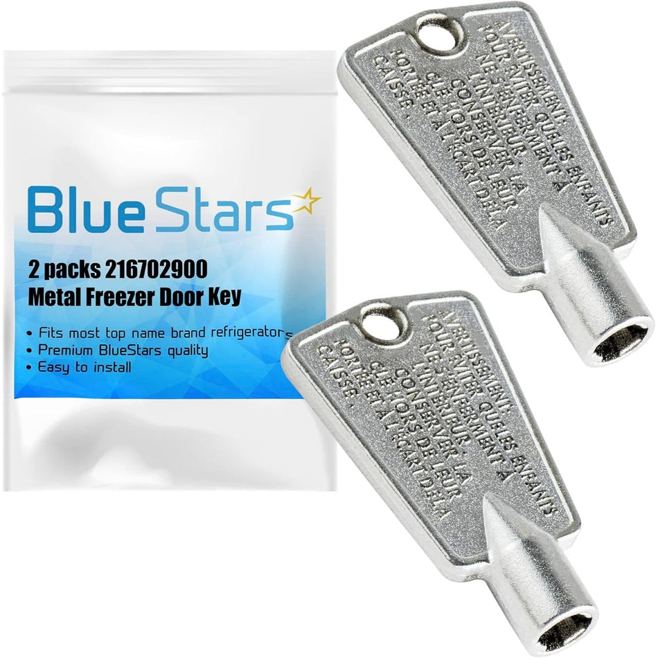 Two metal 216702900 freezer door keys with warning labels and BlueStars packaging.