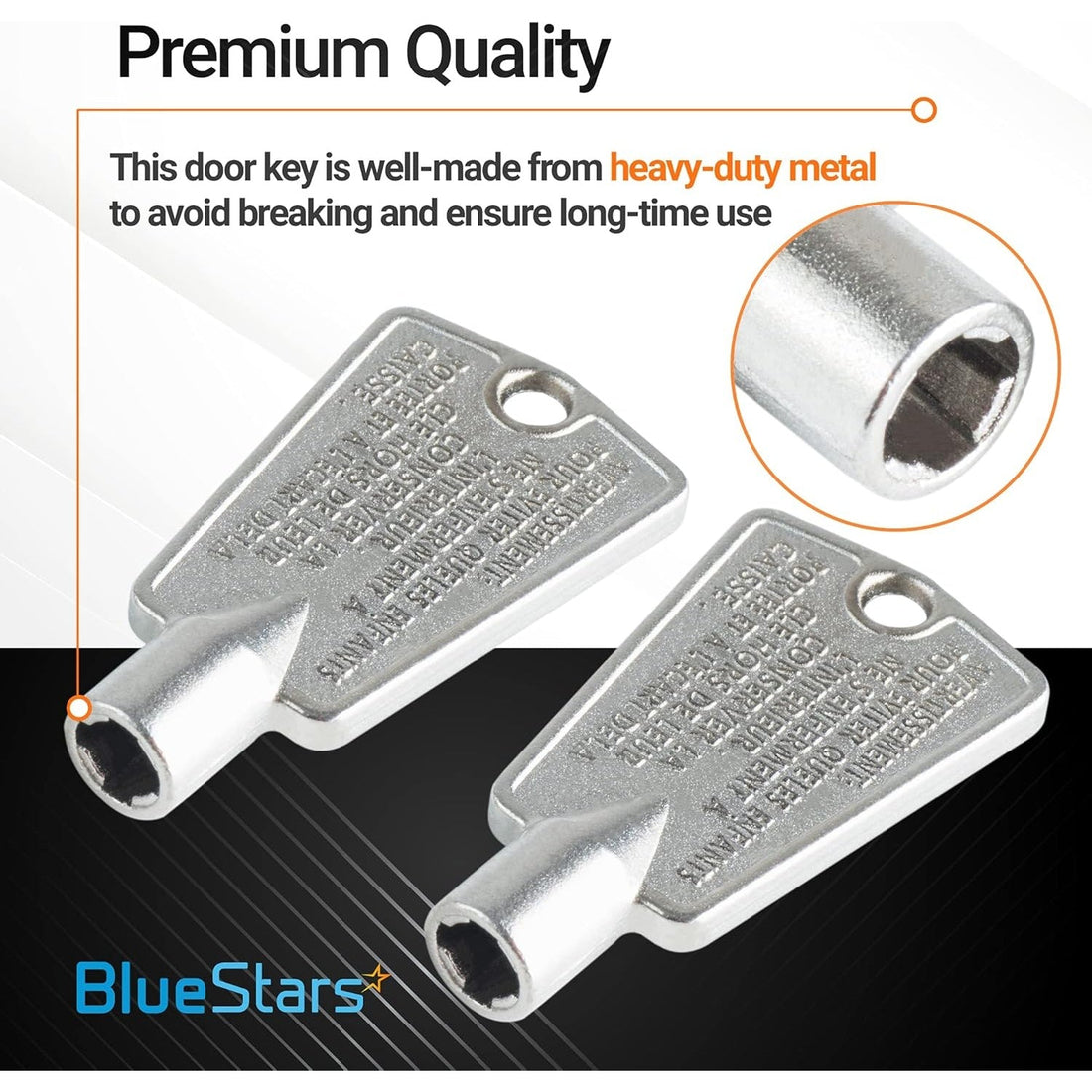 Two heavy-duty metal freezer door keys for Frigidaire and Kenmore appliances with a close-up of the key barrel.