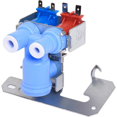 Dual solenoid water inlet valve for GE refrigerators with blue and red connectors on a metal mounting bracket.