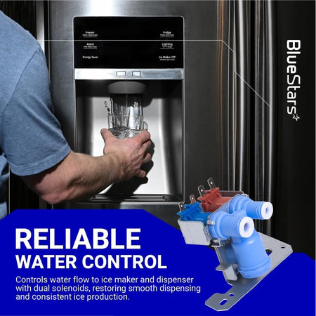 WR57X10032 dual solenoid water valve for GE refrigerators shown with a water dispenser interface.
