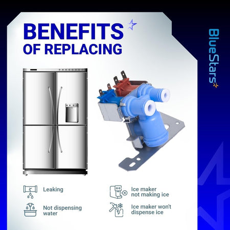 Infographic showing GE refrigerator dual solenoid water valve and common issues like leaking or ice maker failure.