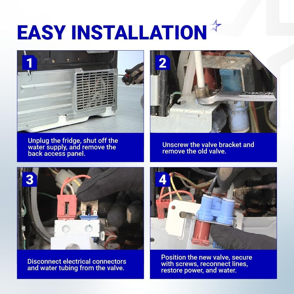 Four-step installation guide for replacing a GE refrigerator dual solenoid water valve.