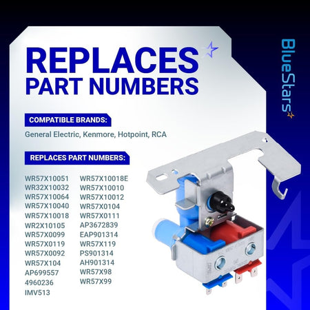 Dual solenoid water valve for GE refrigerators with compatibility and replacement part number list.