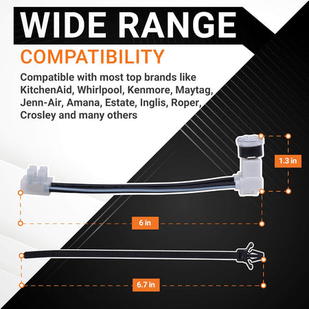 W10258275 dishwasher thermal fuse showing dimensions and compatibility with major appliance brands.