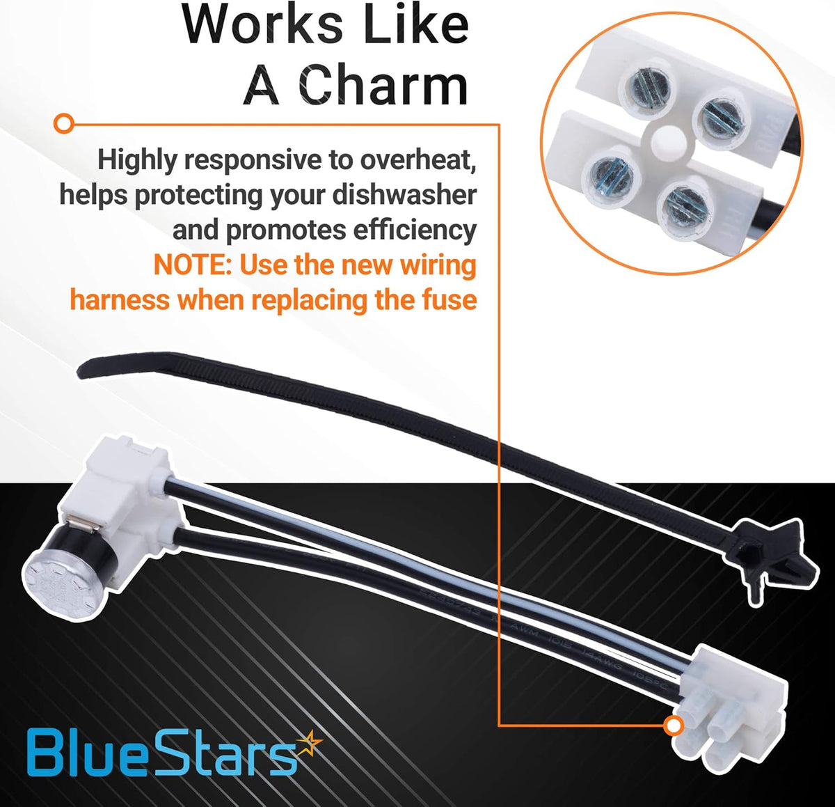 W10258275 dishwasher bimetal thermal fuse with wiring harness and zip tie, shown with installation instructions.