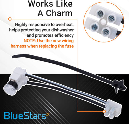 W10258275 dishwasher bimetal thermal fuse with wiring harness and zip tie, shown with installation instructions.