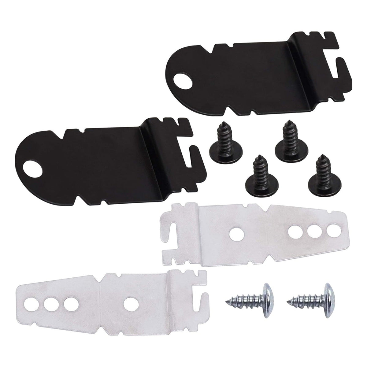 Dishwasher side mounting bracket kit with black and silver brackets and matching installation screws.