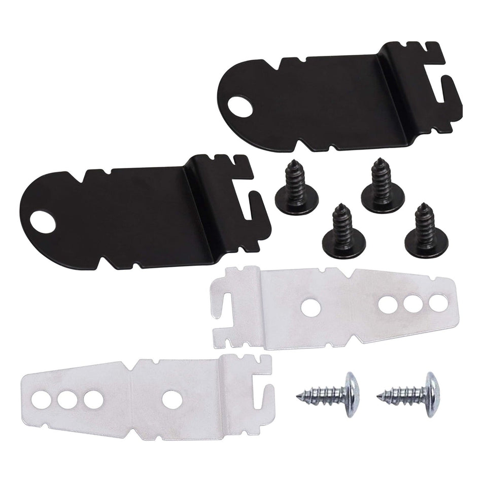 Dishwasher side mounting bracket kit with black and silver brackets and matching installation screws.