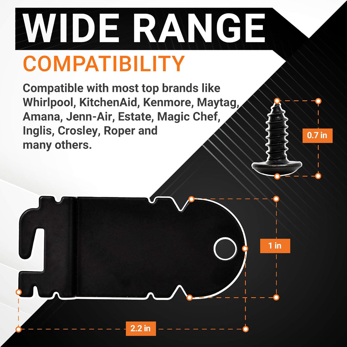 Dishwasher side mounting bracket and screw dimensions infographic for Whirlpool, KitchenAid, and Kenmore appliances.