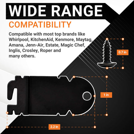 Dishwasher side mounting bracket and screw dimensions infographic for Whirlpool, KitchenAid, and Kenmore appliances.