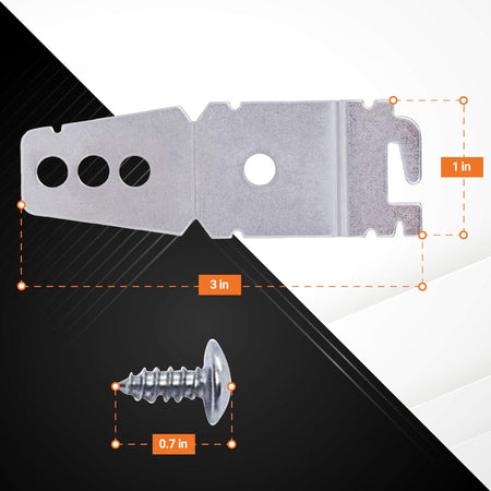 Dishwasher side mounting bracket and screw with dimension labels for KitchenAid and Whirlpool appliances.