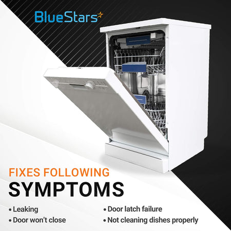 White dishwasher with open door illustrating symptoms fixed by 8212560 and 8269145 side mounting bracket kit.