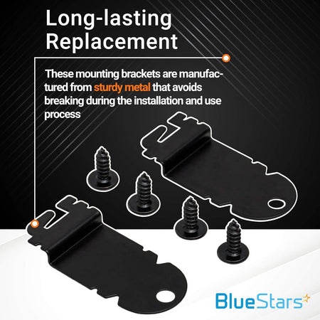 Two metal dishwasher side mounting brackets and four black screws for KitchenAid and Whirlpool appliances.