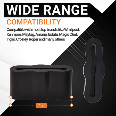 Two views of a black dishwasher sleeve friction pad showing 1-inch dimensions and brand compatibility.