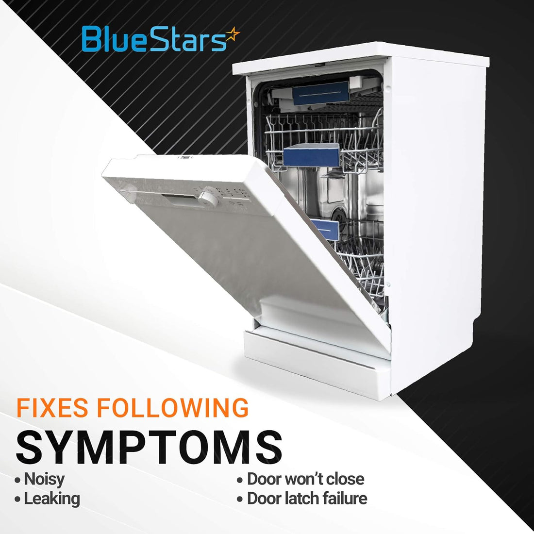 White dishwasher with open door illustrating symptoms fixed by 8268961 sleeve friction pad replacement.