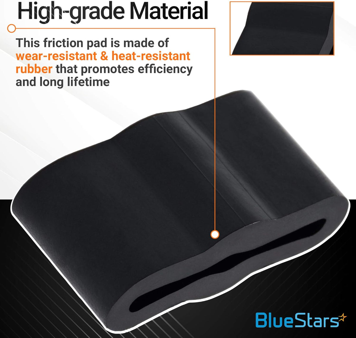 Close-up of a black rubber dishwasher sleeve friction pad with text highlighting its wear and heat-resistant material.