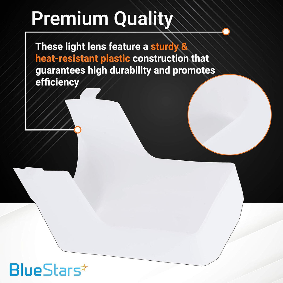 Infographic showing heat-resistant plastic construction of 99110437 range hood light lens cover.