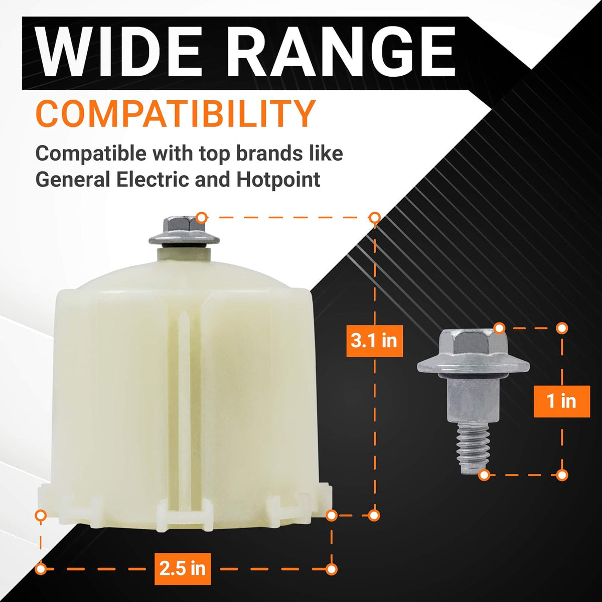 WH49X10042 washer agitator coupler kit showing component dimensions and compatibility for GE washing machines.