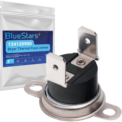 134120900 Dryer Thermal Fuse Limiter shown with BlueStars packaging and two metal mounting tabs