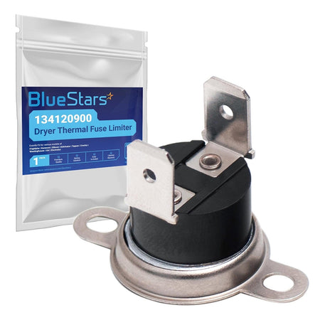134120900 dryer thermal fuse limiter with metal mounting bracket and packaging bag.