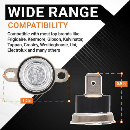134120900 dryer thermal fuse showing dimensions and wide brand compatibility for Frigidaire and Kenmore dryers.