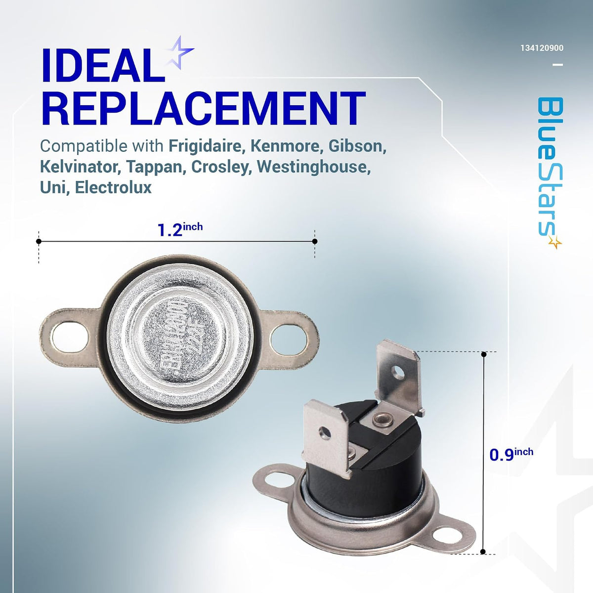 134120900 Dryer Thermal Fuse Limiter, front and side views with 1.2-inch width and 0.9-inch height dimensions