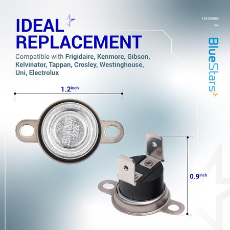 134120900 Dryer Thermal Fuse Limiter, front and side views with 1.2-inch width and 0.9-inch height dimensions