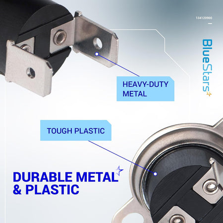 134120900 Dryer Thermal Fuse Limiter close-up showing metal brackets and black plastic body with durability callouts