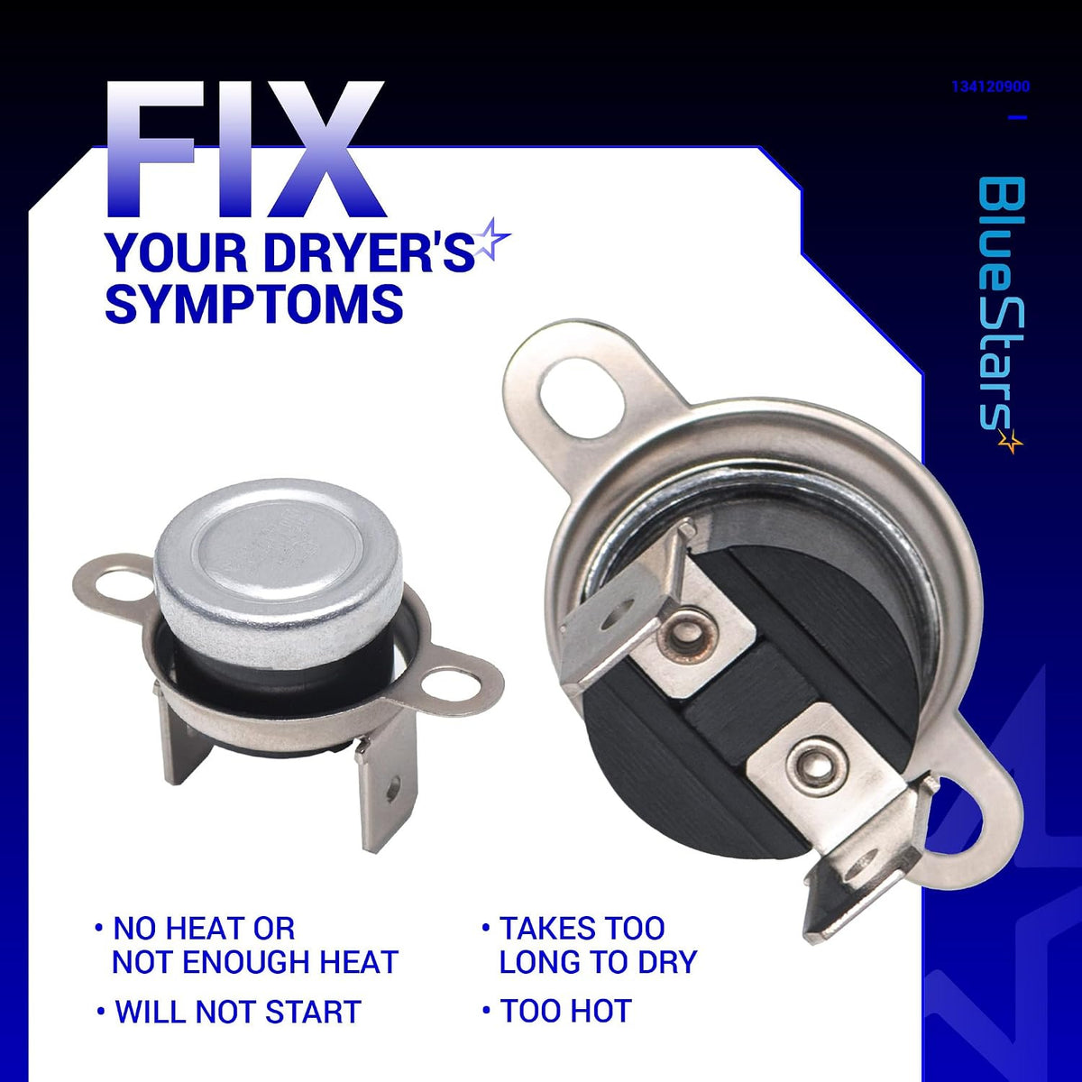 134120900 Dryer Thermal Fuse Limiter, two product views with listed dryer symptoms