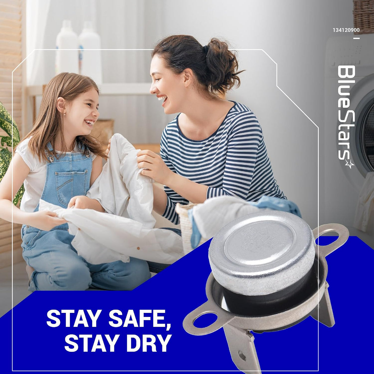 134120900 Dryer Thermal Fuse Limiter, promotional graphic showing a close-up of the fuse beside a family folding laundry