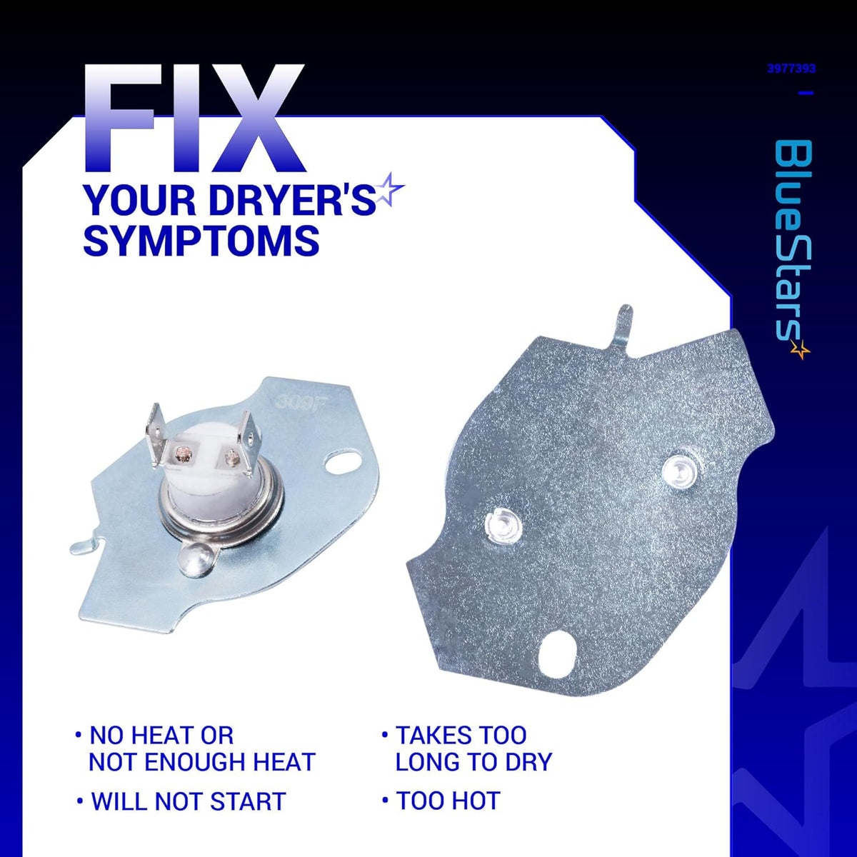 Two views of the 3977393 dryer thermal fuse showing front and back mounting plate details.