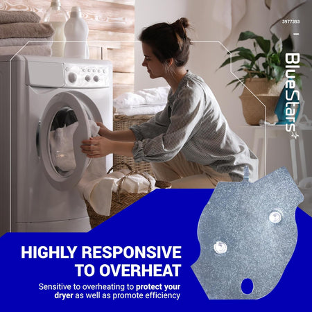 3977393 dryer thermal fuse replacement part shown on a promotional graphic with a woman using a clothes dryer.
