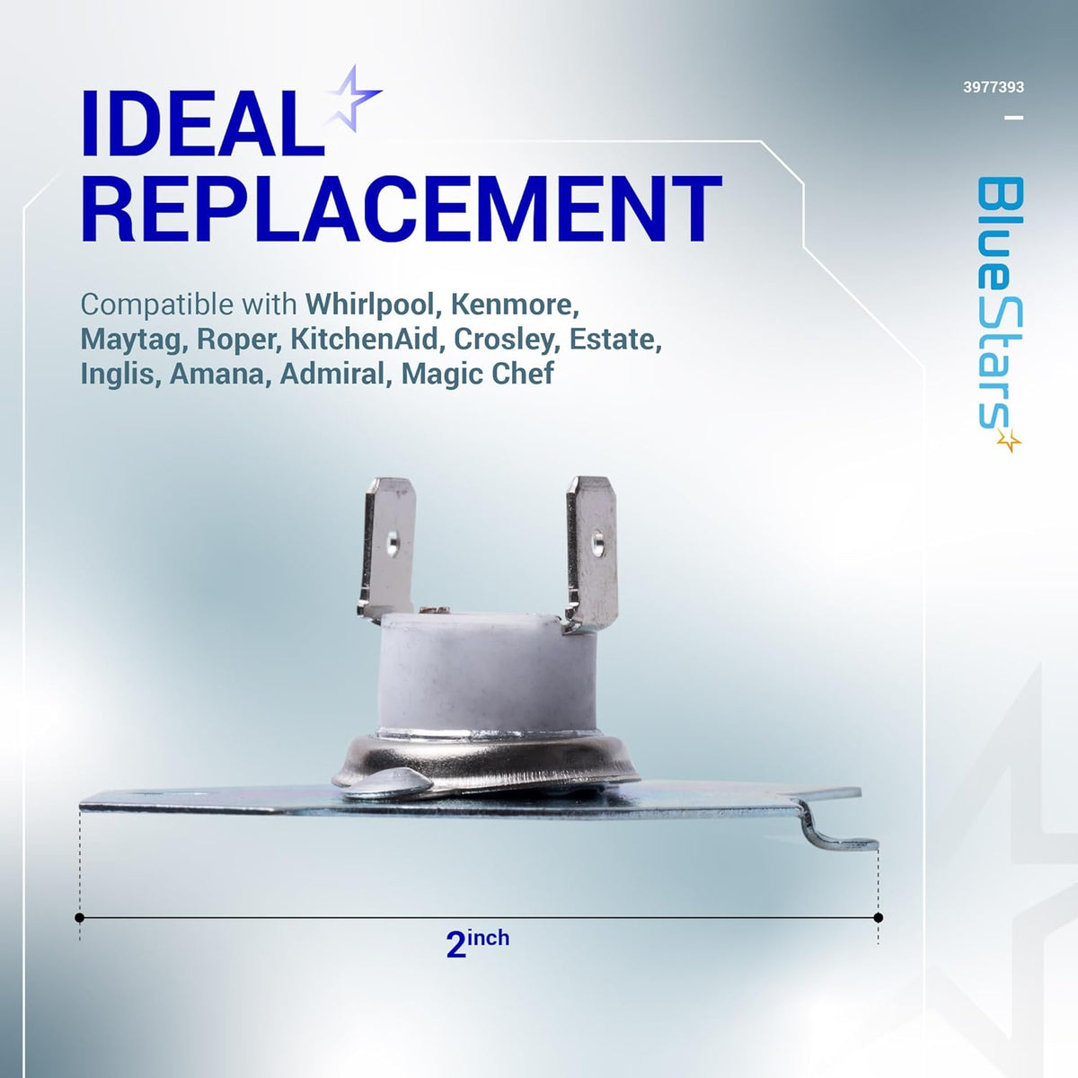 3977393 dryer thermal fuse replacement part with mounting bracket and two terminals on a branded informational graphic.