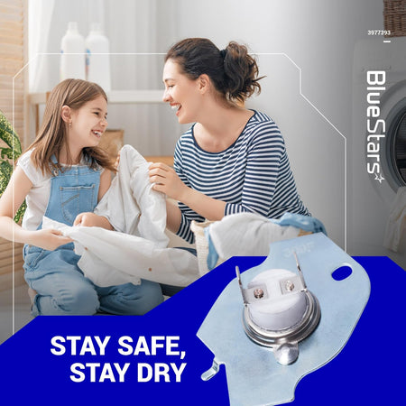 3977393 dryer thermal fuse replacement part shown in a lifestyle graphic for Whirlpool, Maytag, and Kenmore dryers.