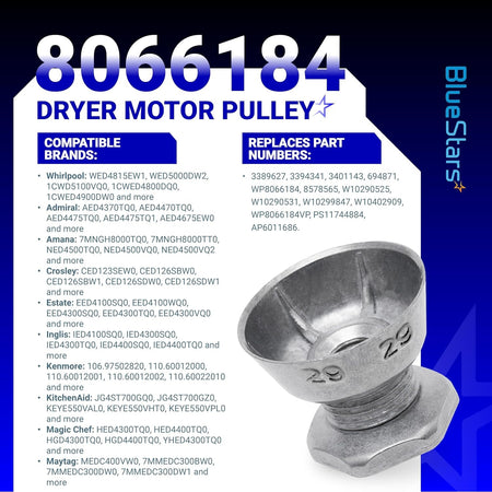 8066184 dryer motor pulley with number 29 stamped on the side, compatible with Whirlpool, Kenmore, and Maytag dryers.