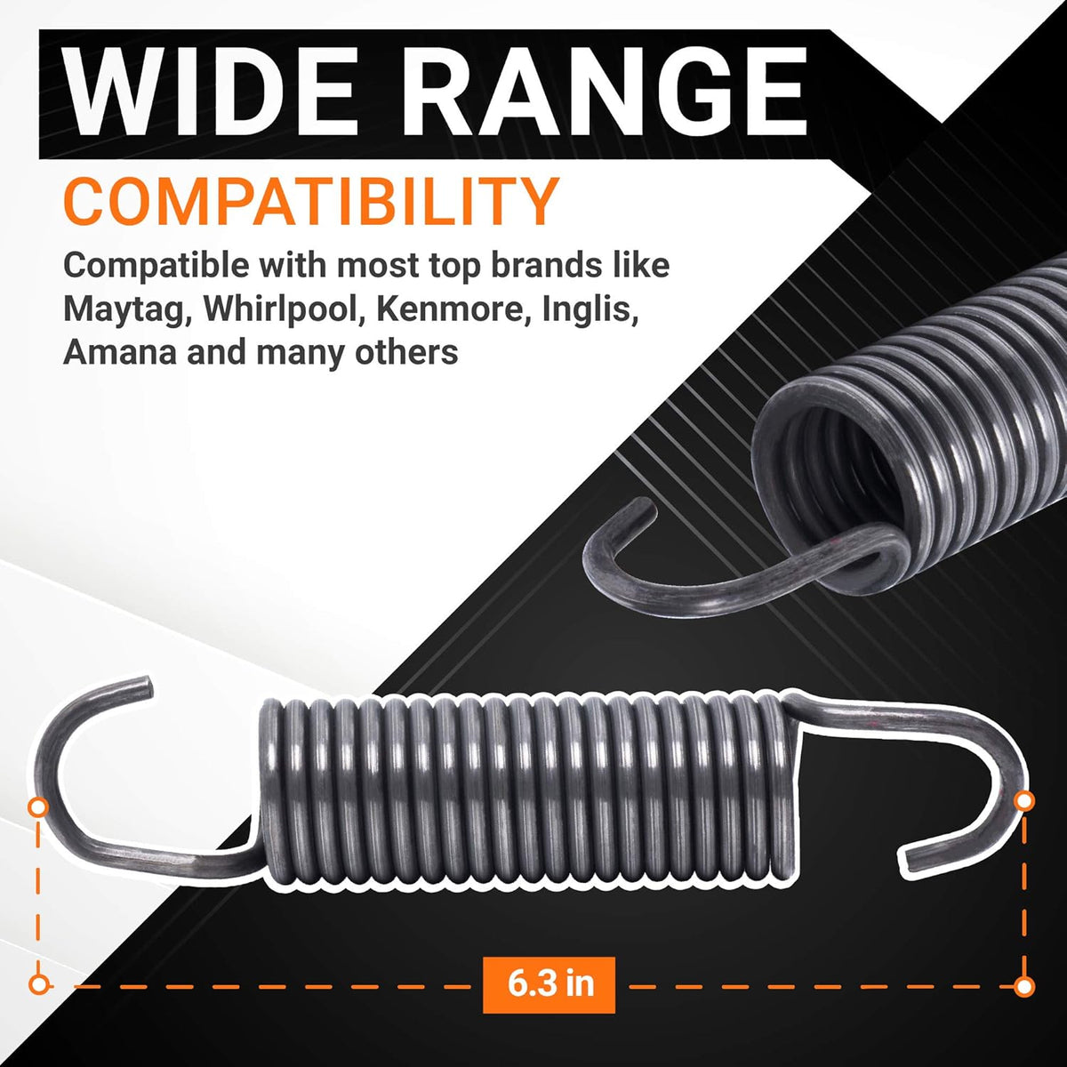 280159 washer spring replacement showing 6.3-inch length and compatibility information for Whirlpool and Kenmore washers.