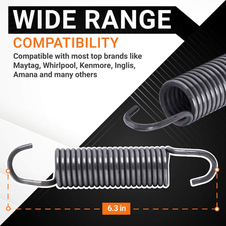 280159 washer spring replacement showing 6.3-inch length and compatibility information for Whirlpool and Kenmore washers.