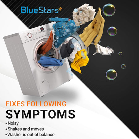 BlueStars washer spring replacement infographic showing symptoms of noisy, shaking, or out of balance washing machines.
