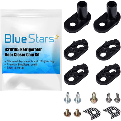 4318165 refrigerator door closer cam kit with black plastic cams, metal screws, and branded packaging.