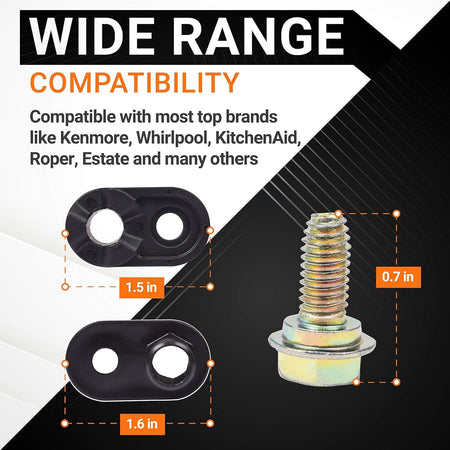 Refrigerator door closer cam kit components with dimensions shown for Whirlpool and Kenmore compatibility.