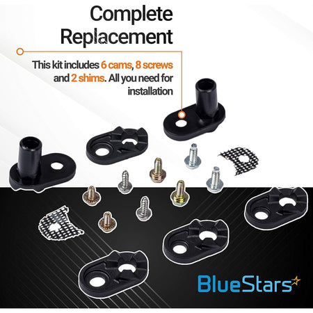 4318165 refrigerator door closer cam kit including 6 cams, 8 screws, and 2 shims for Whirlpool and Kenmore appliances.