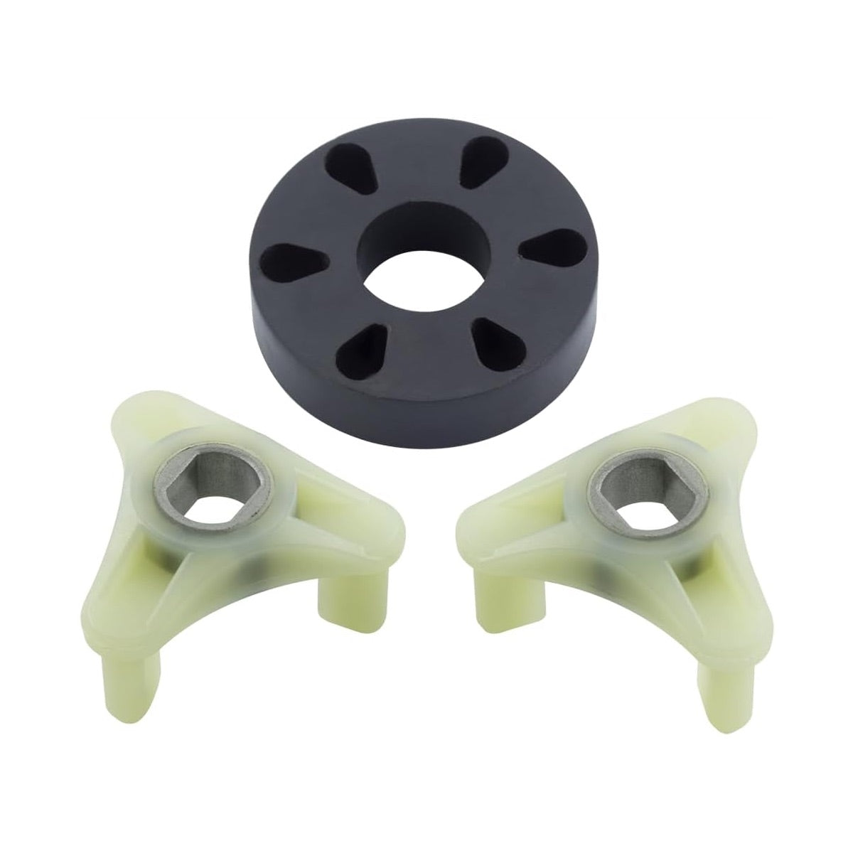 Metal core motor coupling kit with two plastic drive forks and a black rubber center for Kenmore Whirlpool washers.