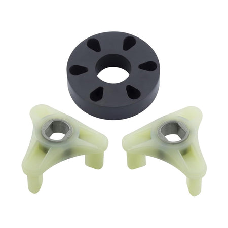 Metal core motor coupling kit with two plastic drive forks and a black rubber center for Kenmore Whirlpool washers.