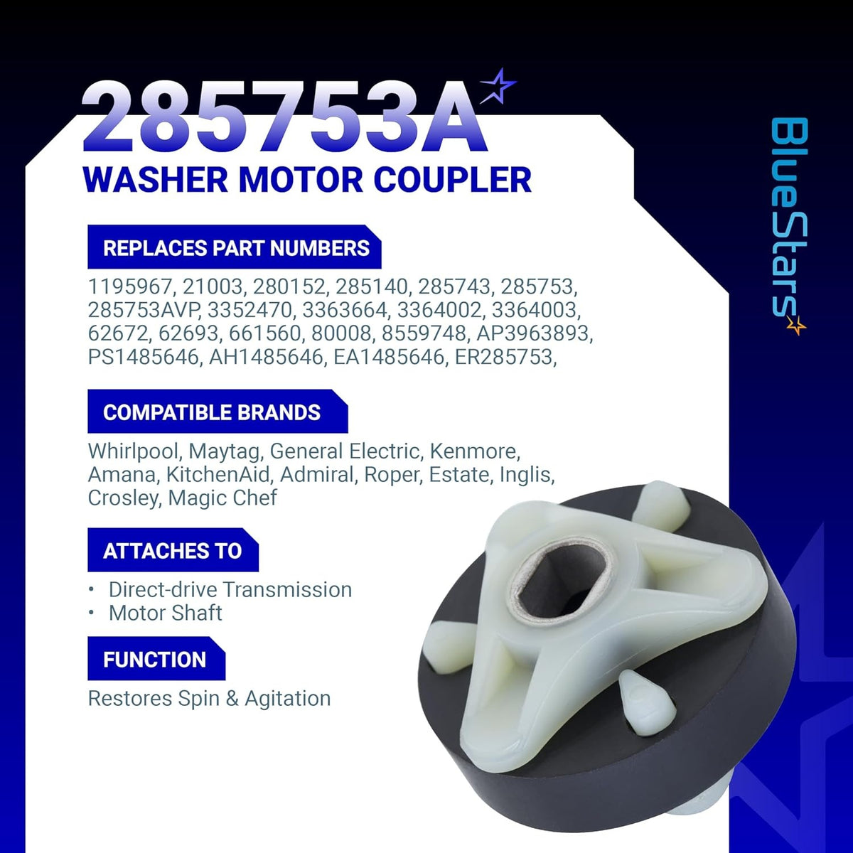 285753A metal core motor coupling for Kenmore and Whirlpool washers shown on an informational product specification card.