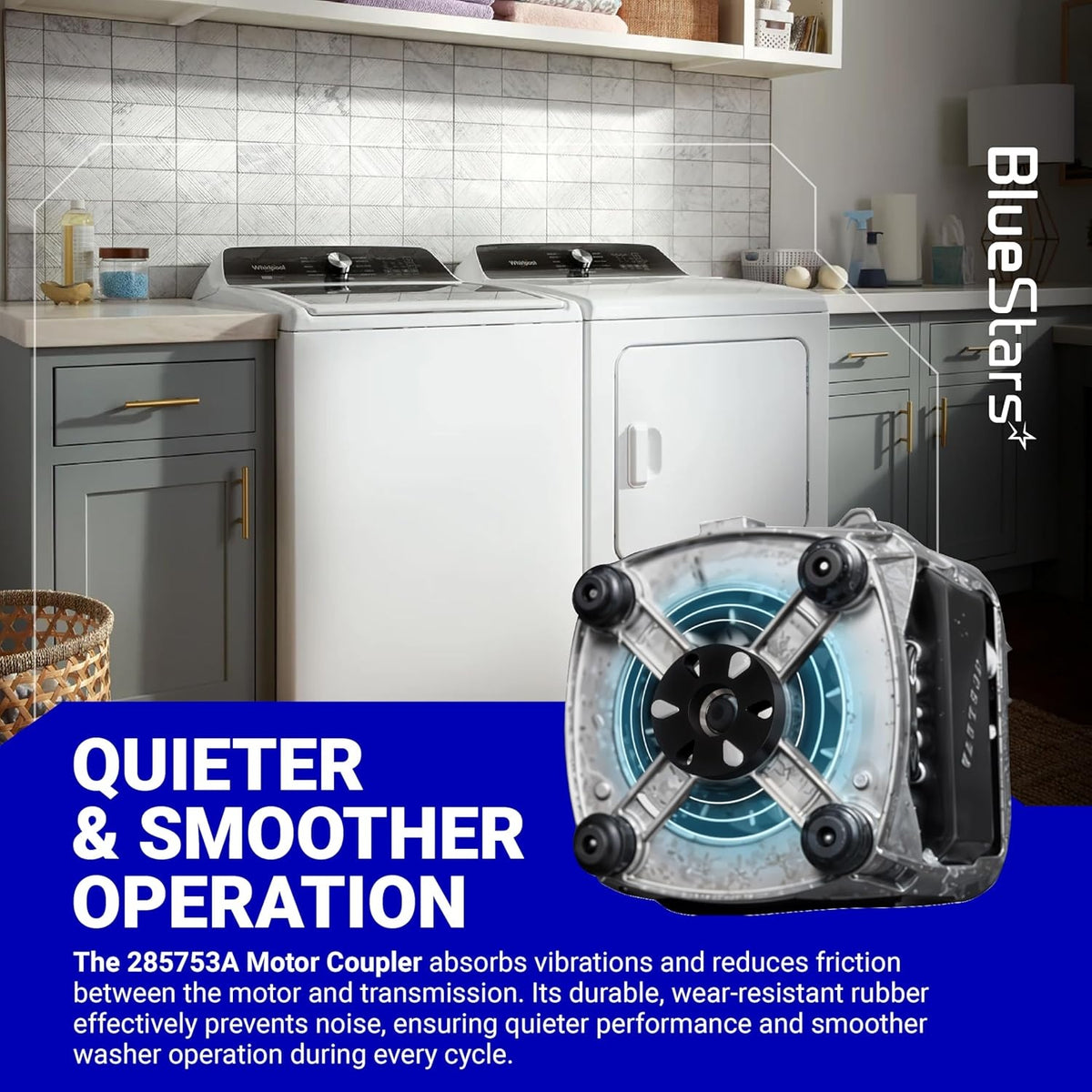 285753A metal core motor coupling kit for Kenmore and Whirlpool washers shown in an informational product graphic.