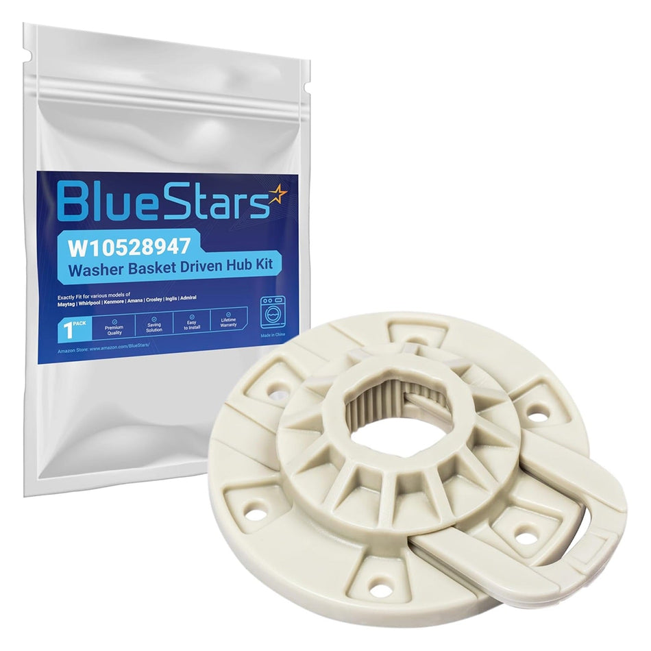 W10528947 washer basket driven hub kit replacement part with branded packaging for Whirlpool and Kenmore washers.