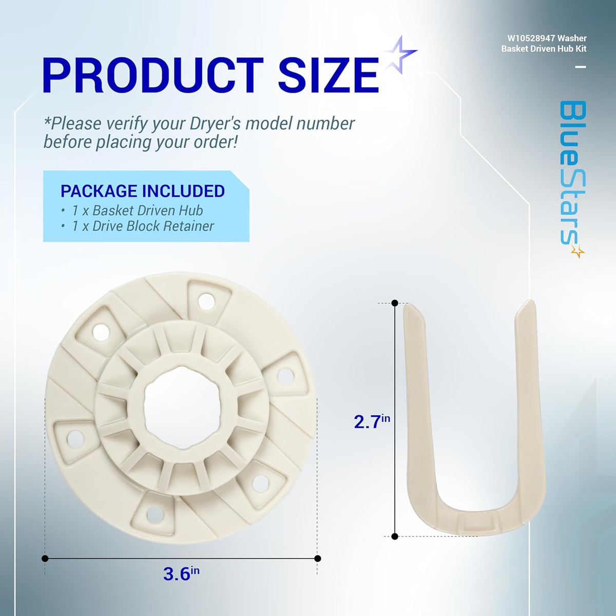 W10528947 washer basket driven hub kit dimensions diagram showing hub and retainer size specifications.